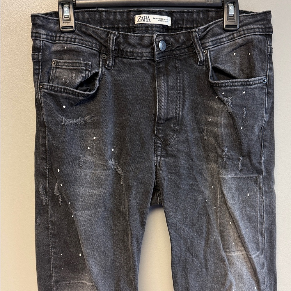 Zara Distressed Paint Splatter Slim Jeans Black 32 x 31 - Picture 3 of 8